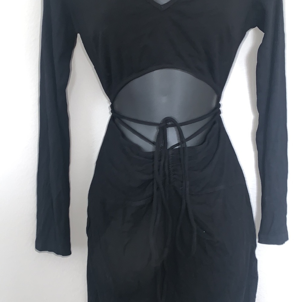 Princess Polly Noa Black Long Sleeve Ribbed Cut Out Criss Cross Tie Mini Dress - Picture 6 of 13